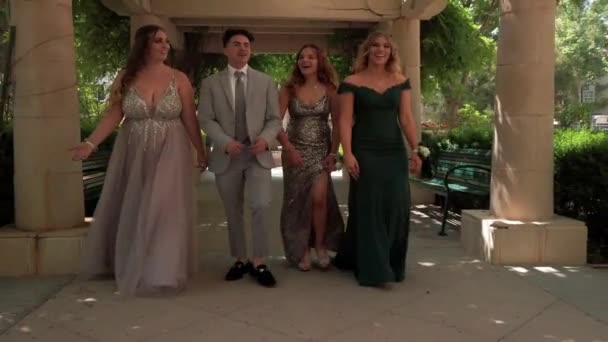 Slow Motion People Going Prom Male Three Females Los Angeles — Stock Video