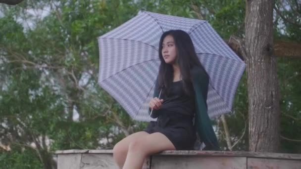 女孩拿着雨伞坐在甲板上的慢镜头 女孩挂在腿上 用绿叶和在她身后看得见的树干望着摄像机 — 图库视频影像