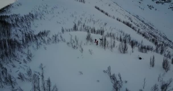 2人の登山家が山頂までの道を探し 途中に裸の木があるかなり険しい雪の山を眺めながら一緒に立ち上がります — ストック動画
