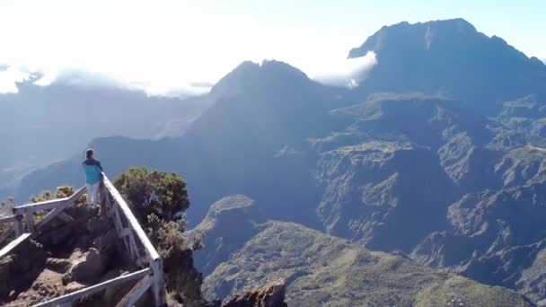 Drone Shot Woman Mountain Overlook Reunion Island Landscape — Stock Video