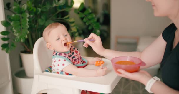 Klein Baby Meisje Eten Babyvoeding Kinderstoel Met Moeder — Stockvideo