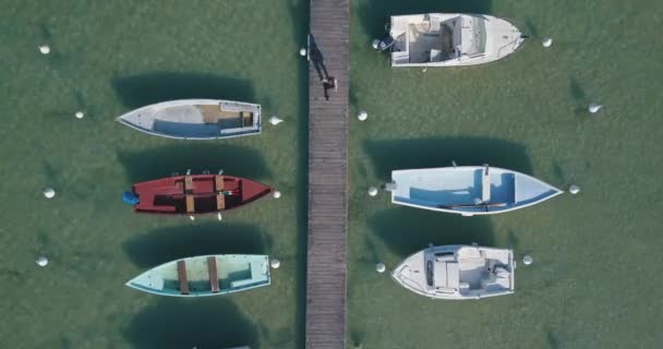 Légi Felvétel Egy Lányról Aki Mólón Sétál Hajók Között — Stock videók