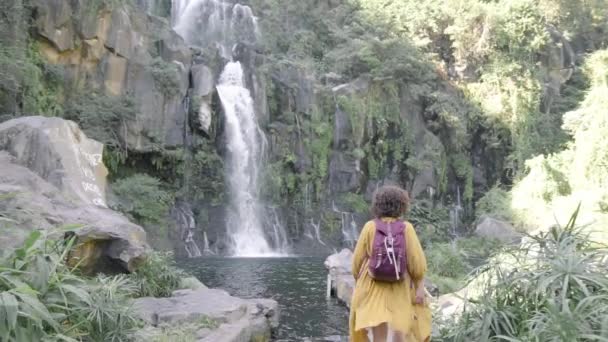 Reisefrau Fuß Richtung Dschungel Paradies Wasserfall — Stockvideo