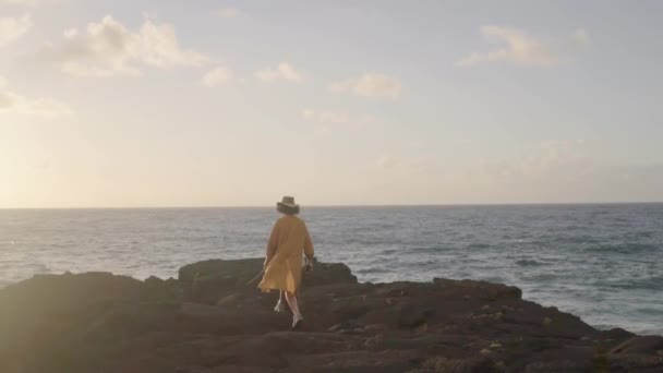 Mujer Viaje Vacaciones Costa Rocosa Del Océano — Vídeo de stock