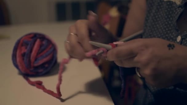 若いです女性編み物でステッチでカラフルな工芸品で居心地の良い秋の日 クローズアップ — ストック動画
