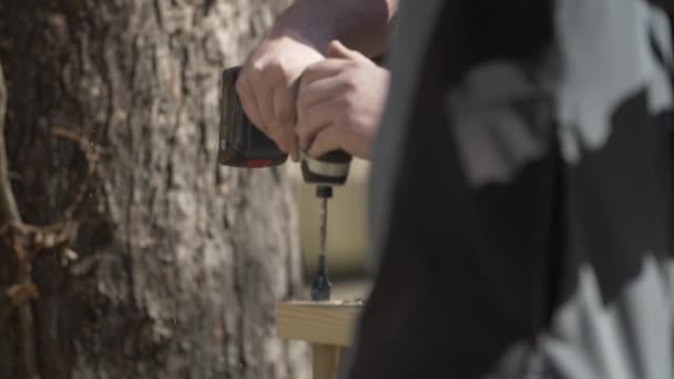 Hombre Usa Taladro Para Perforar Agujero Bordo Las Astillas Madera — Vídeos de Stock