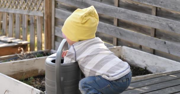 Future Gardener Baby Working Garden — Stock Video