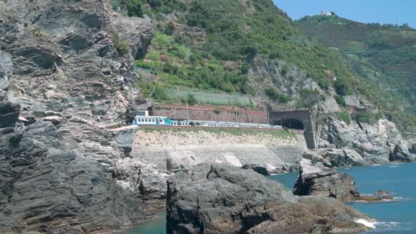 Trens Que Entram Túnel Litoral Acidentado Região Cinque Terre Itália — Vídeo de Stock