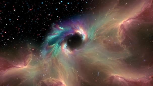 宇宙空間のカメラは 星雲の雲を通ってブラックホール状星雲の中心に直接飛んでいきます カラフルだ 宇宙アニメーション — ストック動画