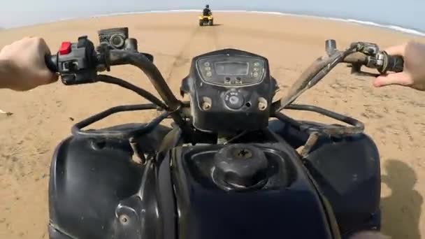 Pov Quad Bikes Driving Deserted Beach Morocco — Stock Video