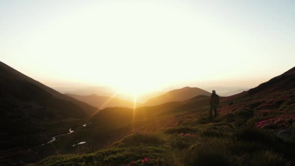 山の頂上で美しい日の出 ムンティ ロドニ Varful Ineu — ストック動画