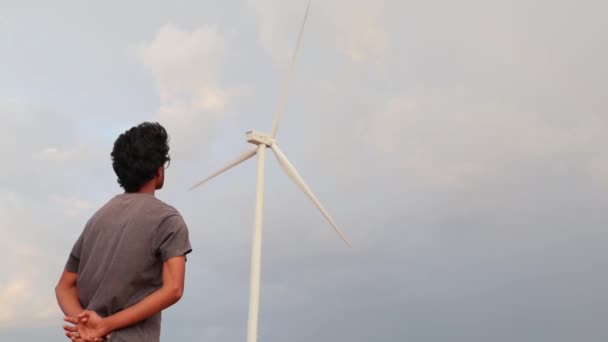 Confident Asian Young Man Standing Wind Power Plant Looking — Stock Video