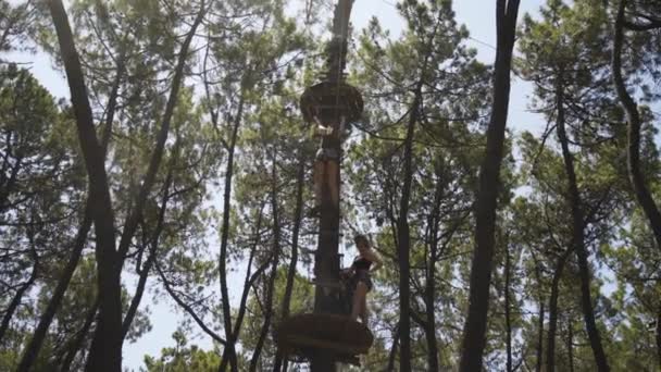 少女爬上缆绳梯 爬上缆绳和树梢探险公园的高平台 — 图库视频影像