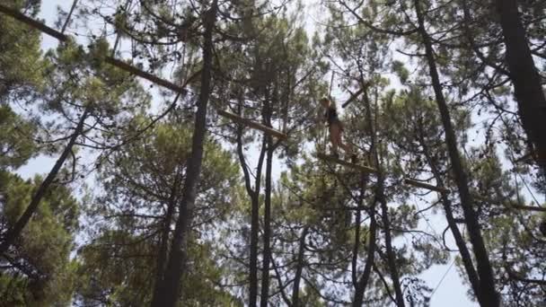 Niña Adolescente Equilibra Vigas Altas Árbol Cuerda Superior Adventure Park — Vídeos de Stock