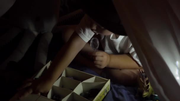 Ребенок Осматривает Камни Окаменелости Через Лупу — стоковое видео