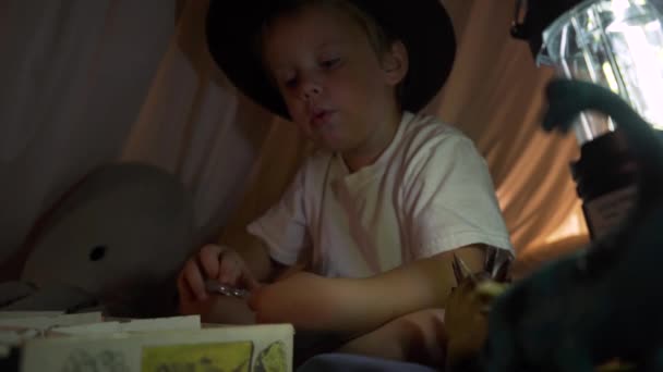 Copilul Inspectează Rocile Fosilele Prin Lupă — Videoclip de stoc