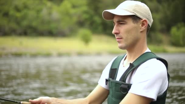 Slow Motion Shot Whaucasian Man Casting His Hook While Fly — Stock video