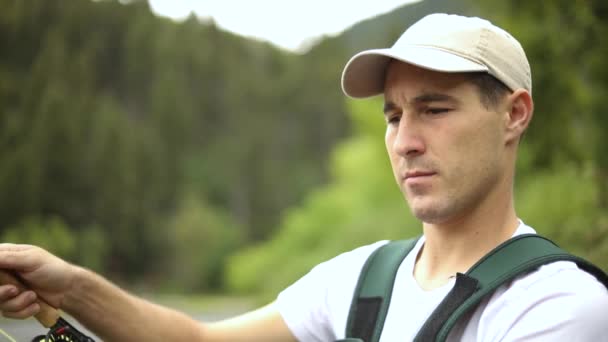 Slow Motion Shot Caucasian Man Casting His Hook While Fly — Vídeos de Stock