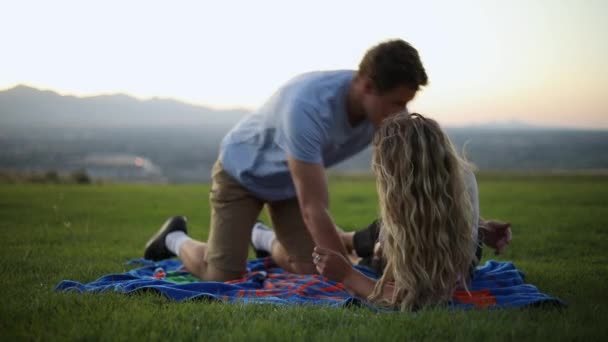 一对可爱的夫妇在草地上野餐的慢镜头 这对夫妇在玩摔跤 — 图库视频影像