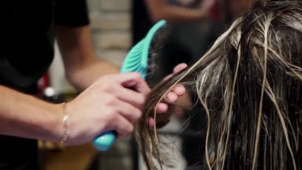Γυναίκα Που Βουρτσίζει Μαλλιά Της — Αρχείο Βίντεο