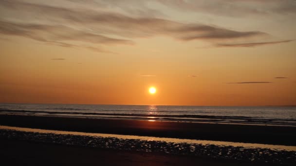 Man Met Gitaar Zandstrand Bij Zonsondergang Mooie Stemmige Opnamen Van — Stockvideo