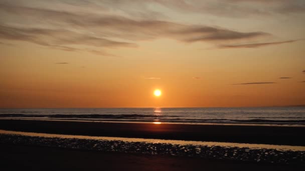 Facet Biegający Gitarą Piaskowej Plaży Zachodzie Słońca Piękne Humorzaste Ujęcia — Wideo stockowe
