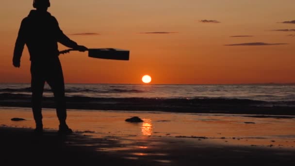 Man Met Gitaar Zandstrand Bij Zonsondergang Mooie Stemmige Opnamen Van — Stockvideo