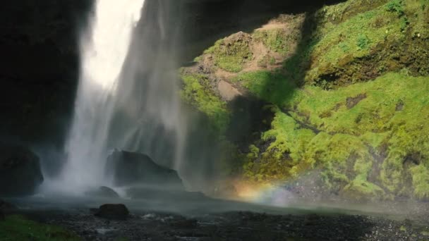 Hombre Tocando Guitarra Frente Una Hermosa Cascada Islandia Slowmo Disparos — Vídeo de stock