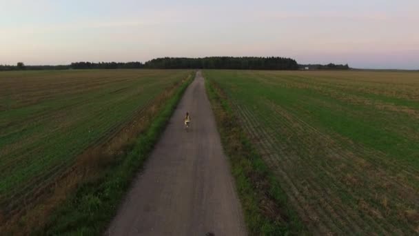 黄色のドレスを着た若い女の子が夕方に砂利道で自転車に乗る 空中飛行前進 — ストック動画