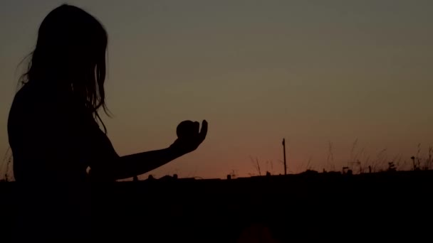 Mujer Silueta Soledad Lanzando Una Pelota Aire Atardecer — Vídeo de stock