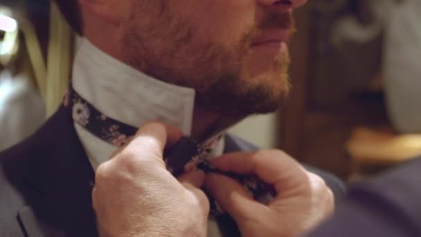 Father Groom Doing His Bowtie His Wedding Day — Stock Video