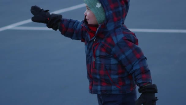 Young Boy Dressed Winter Snowsuit Playing Park Late Autumn Points — Stock Video