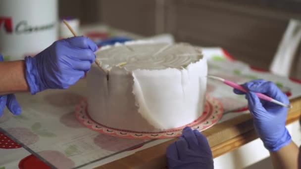 Fabricación Pasteles Celebración Los Trabajadores Que Decoran Detalle Formación Hielo — Vídeos de Stock