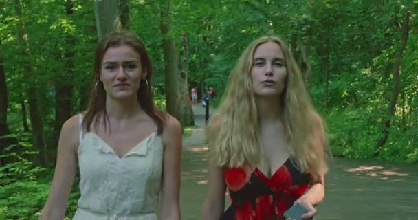 二人の若い女性が森の中を歩き 話し合っている — ストック動画