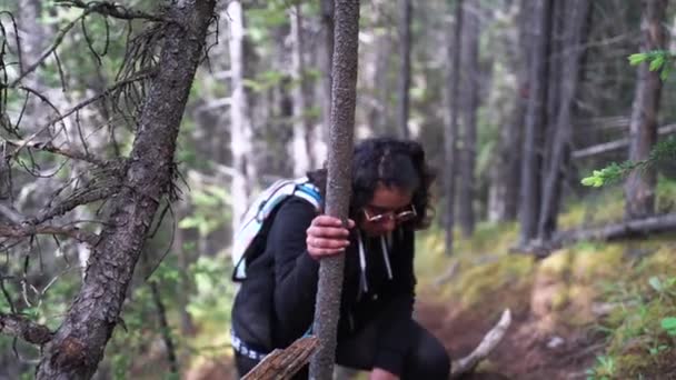 Fille Tenant Sur Arbre Pour Aider Monter Flanc Colline Boisée — Video