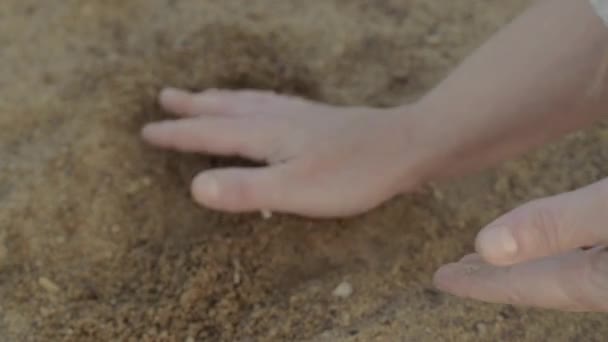 Kvinnlig Hand Njuter Att Leka Med Sand — Stockvideo