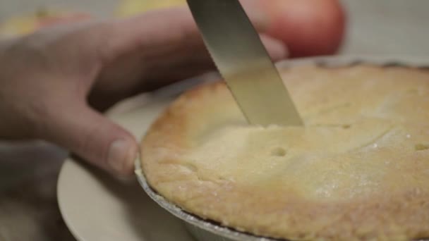 Cortar Una Porción Postre Pastel Manzana Con Cuchillo — Vídeos de Stock