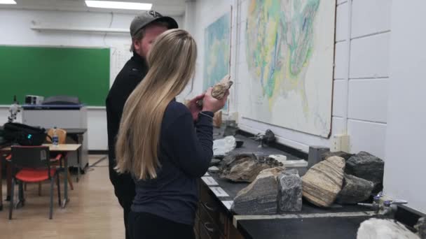 Πολλαπλές Φοιτητές Εξετάστε Και Συζητήστε Μεγάλες Πέτρες Για Μια Γεωλογική — Αρχείο Βίντεο
