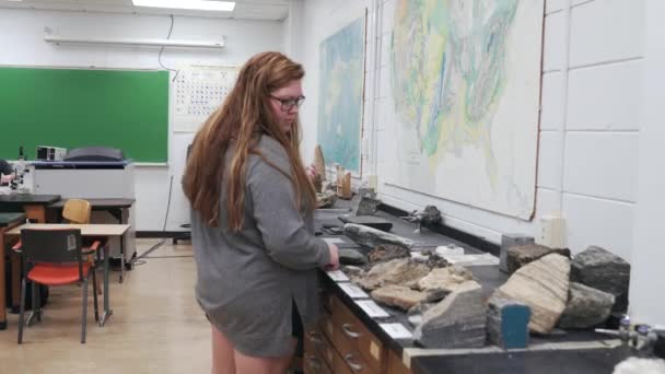 Unga Kvinnor Tittar Big Geology Rocks College Klassrum Lab Bord — Stockvideo