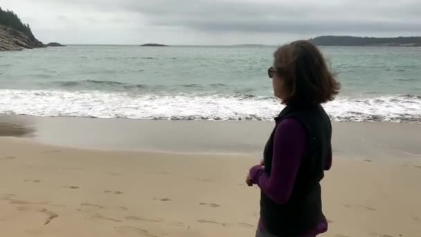 Старший Прогуливается Пляжу Национальном Парке Акадия Майне — стоковое видео