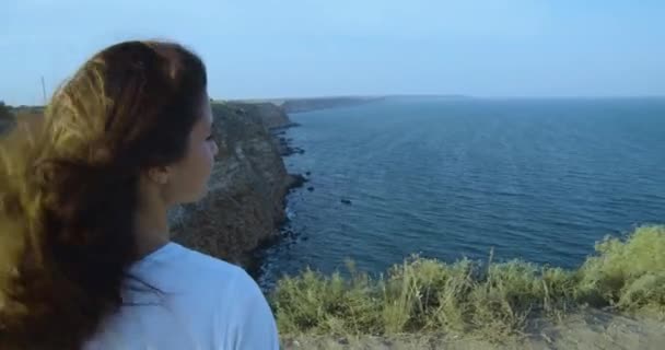 Girl Looking Sea Windy Weather — Stock Video