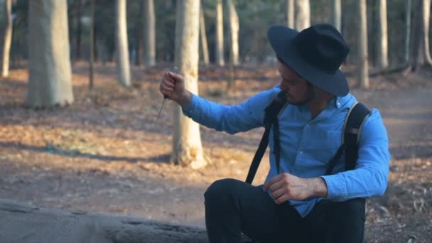 Explorador Pegando Cuchillo Tronco Contemplando Naturaleza — Vídeo de stock