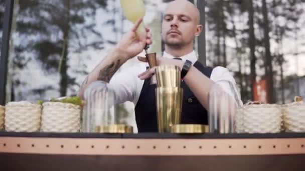 Barman Deita Álcool Numa Coqueteleira Avancem — Vídeo de Stock