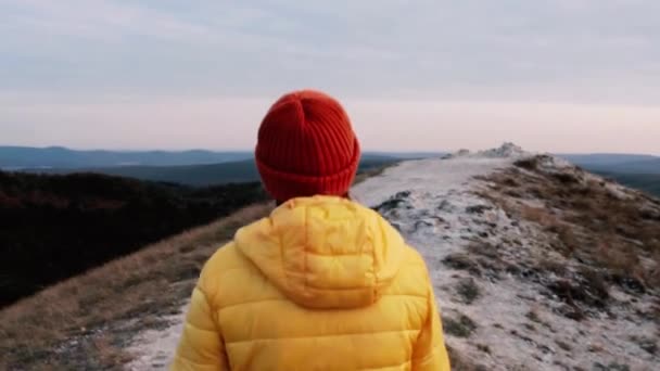 Mujer Llegando Cima Una Montaña Después Una Caminata Disfrutando Vista — Vídeos de Stock