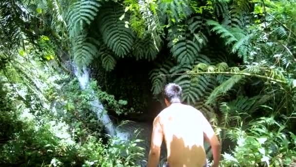 Slow Motion Shot Man Jumping High Cliff Water Maunawili Falls — Stock Video