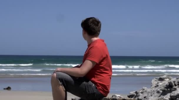 Hombre Contemplación Sentado Orilla Roca Playa Mirando Hacia Fuera Las — Vídeo de stock