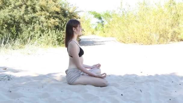 Profile Side View Panning Shot Młodej Kobiety Uprawiającej Jogę Plaży — Wideo stockowe