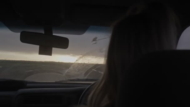 Adult Female Rear View Driving Road Trip Looking Dirty Windshield — Stock Video