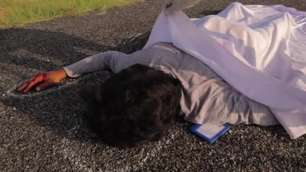 Concept Crime Scene Road Accident Close Covering Chalk Outlined Dead — Stock Video