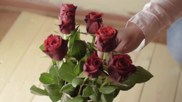 Výběr jediné červené růže z kytice rudých růží ve váze